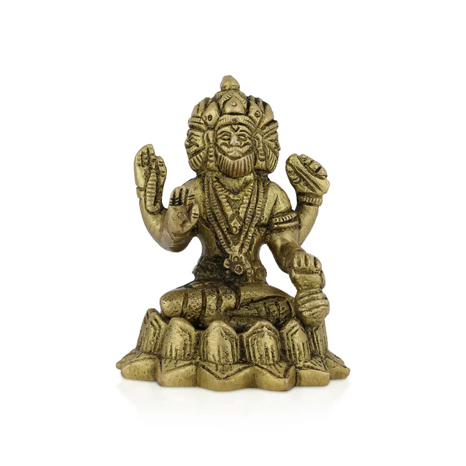 Brahma Sitting On Kamal Base Murti- 3 x 2 Inches Antique Brass Idol